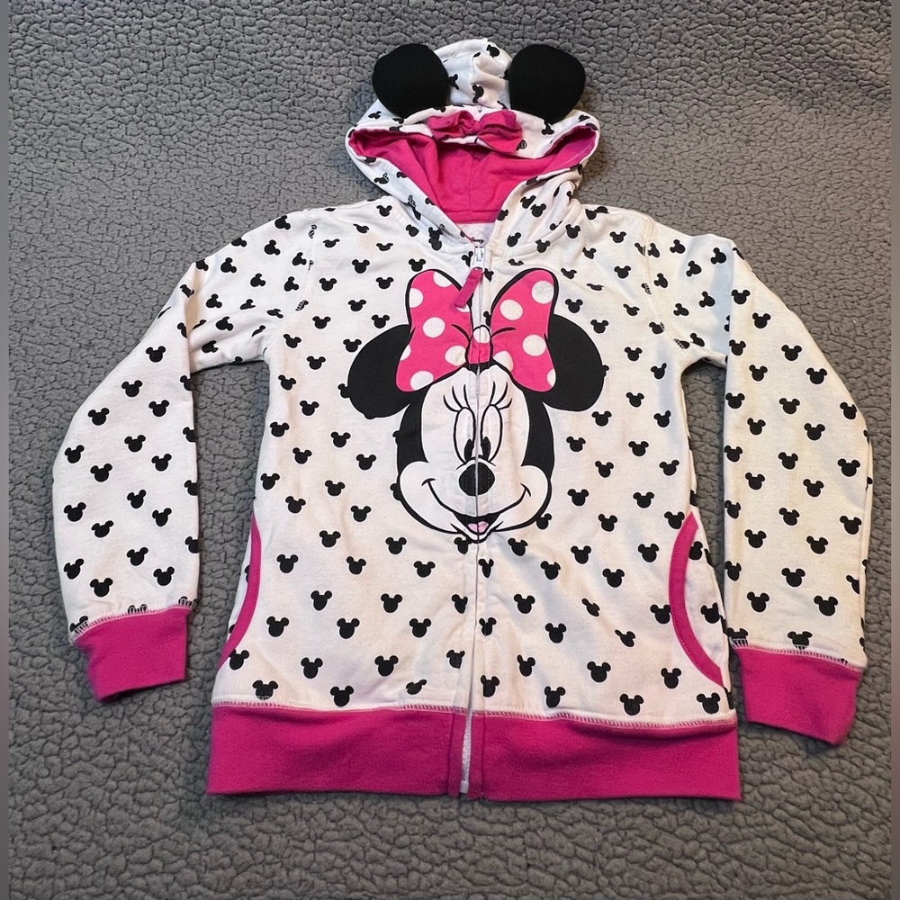 Disney Full Zip Up Hoodie Minnie Mouse With Ears Little Girls Size Large 6 White
